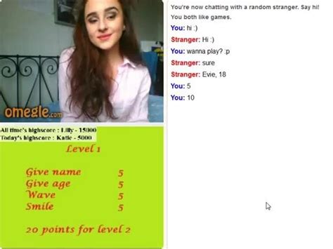 Omegle Game Wave to start Level 1 Level 1 Blow Kiss 10 points Level 2 Level 2 Show Belly 20 points Level 3 Level 3 Show Cleavage 30 points Level 4 Level 4 Show Bra 40 points Level 5 Level 5 Show Panties 50 points Level 6 Level 6 Show Butt 60 points Level 7 Level 7 Flash Boobs (no bra)